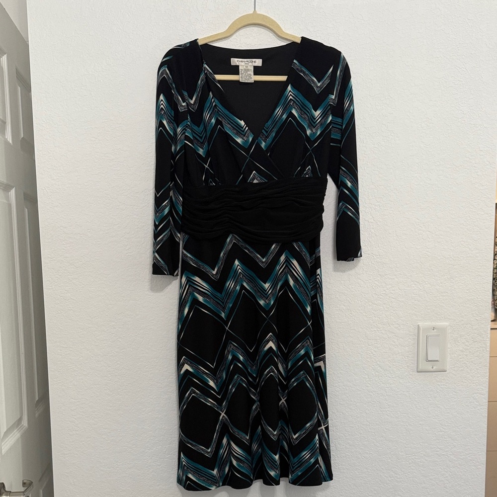 Evan Picone Black and Teal 3/4 Sleeve Dress